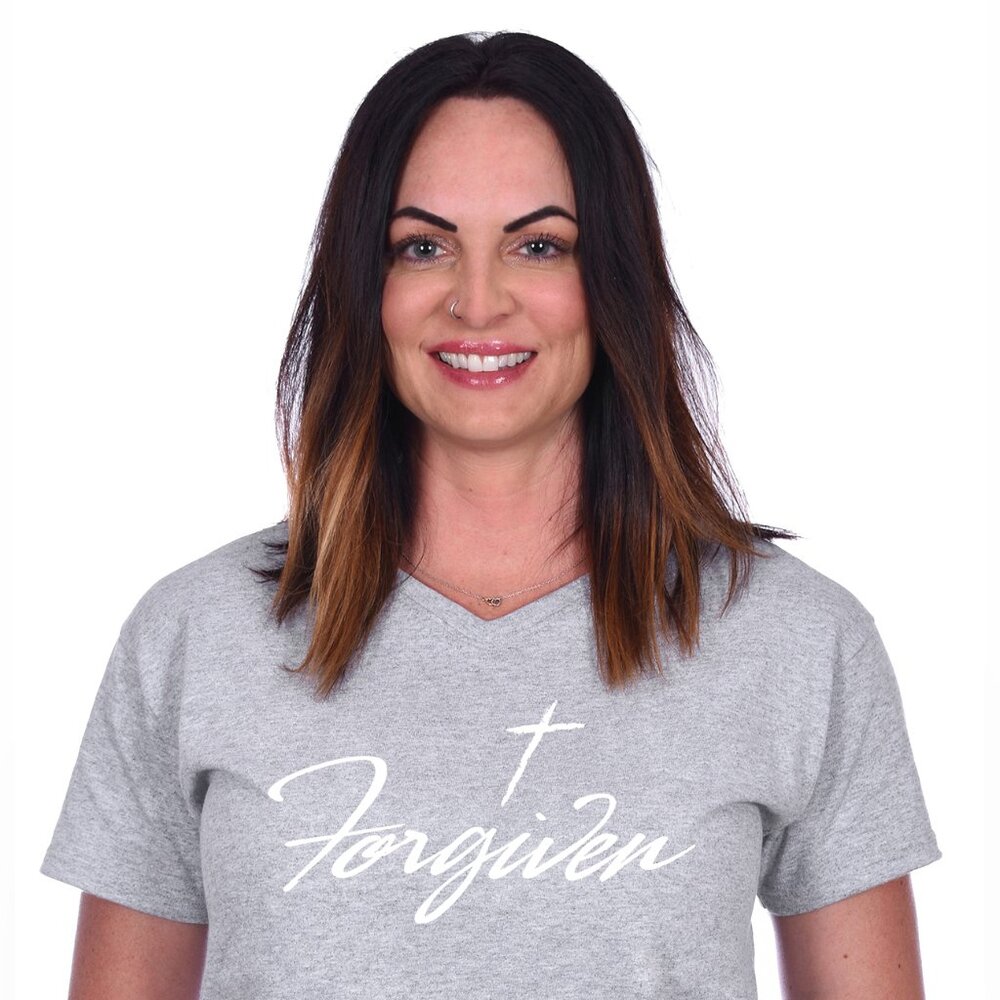 JH Design Women's Religious Christian Forgiven V-Neck Hunter-Grey -Shirt